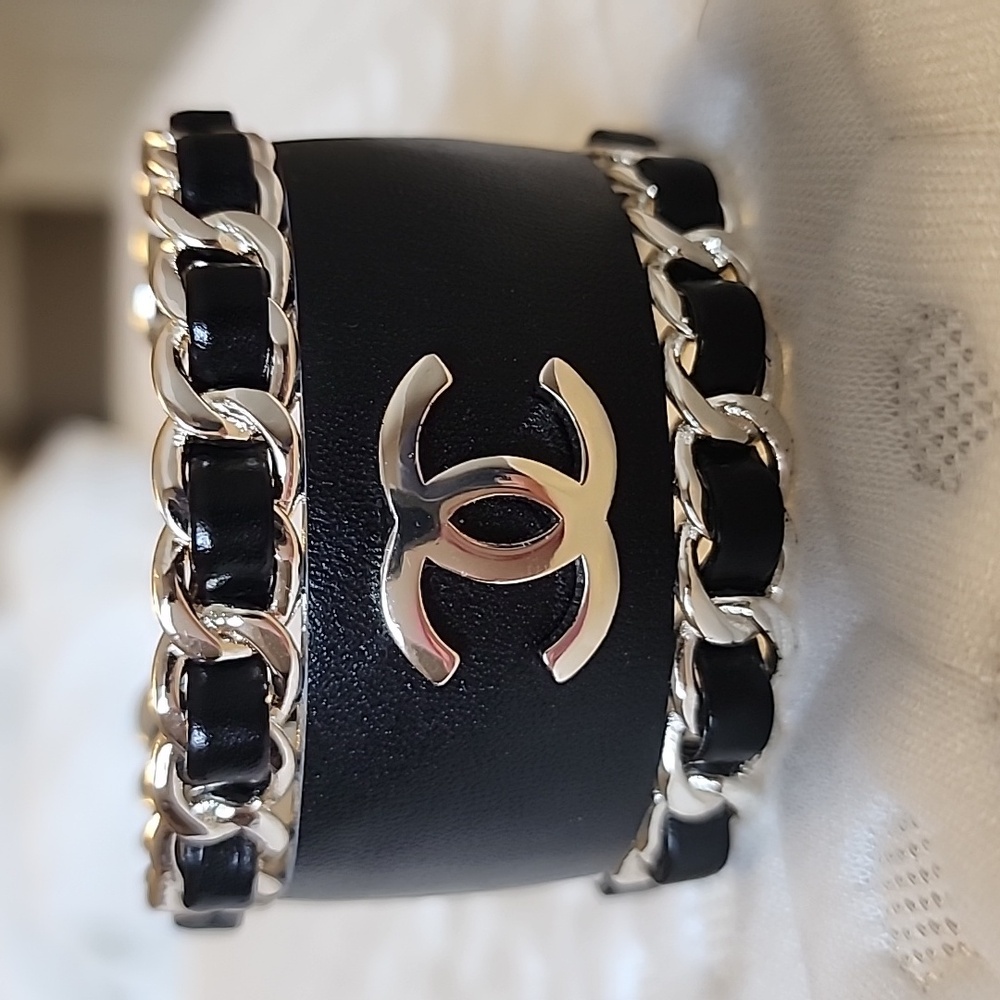 Hand MadeChanel Inspired Blk Leather Stainless Steel Silver Women's Bracelet